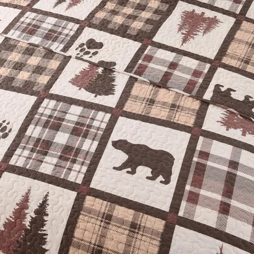 Vista 11 de Juego de edredón 100% algodón, tamaño Queen, juego de ropa de cama de retazos marrón y blanco, colcha rústica con patrón de oso de cabaña, colcha