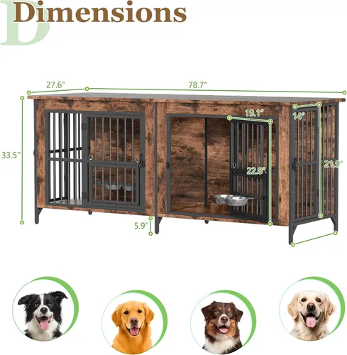 Vista 8 de Mueble de jaula para perros, jaula doble para perros con parte superior de almacenamiento y cuencos giratorios para alimentos, perrera decorativa
