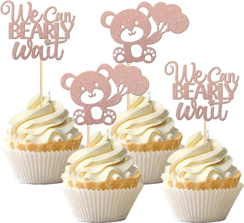 Vista 13 de 24 PIEZAS Oso de Peluche con Texto "We Can Bearly Wait" Adornos de Cupcake con Purpurina, Globo Oso para Revelación de Género, Adornos de Baby