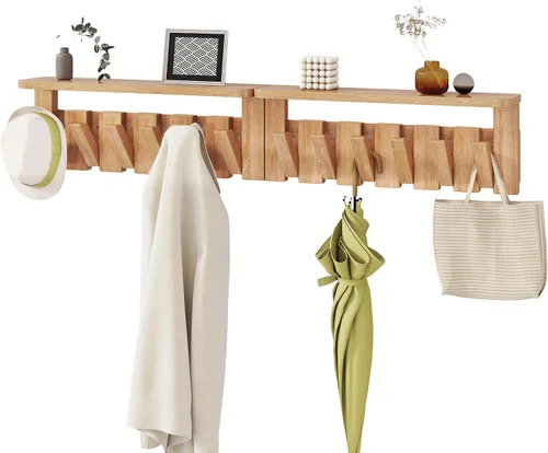 Vista 10 de YMYNY Perchero de pared montado en pared con estante, estante de pared con ganchos retráctiles, perchero de pared de madera para colgar Natural