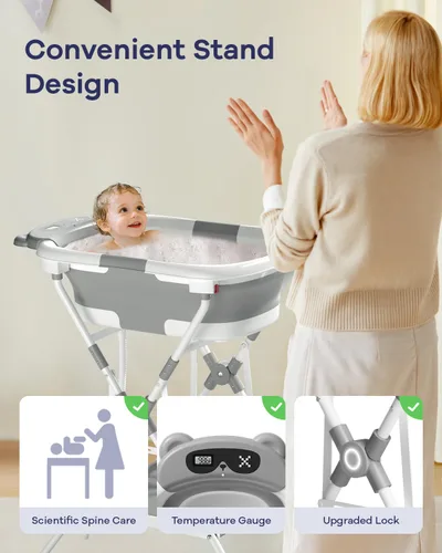 Vista 3 de AVIDOR Bañera de bebé 2 en 1 con soporte para recién nacidos y bebés, bañera plegable para bebés, regalos de baby shower para nuevos padres, gris