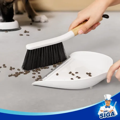 Vista 5 de MR.SIGA Juego de recogedor y escobillas, mango de bambú, blanco, 1 juego