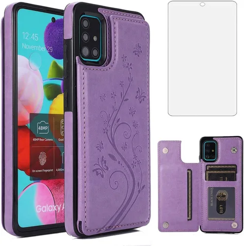 Vista 9 de Funda de teléfono para Samsung Galaxy A51 4G con protector de pantalla de vidrio templado y tarjetero con soporte para tarjetero, accesorios de Negro