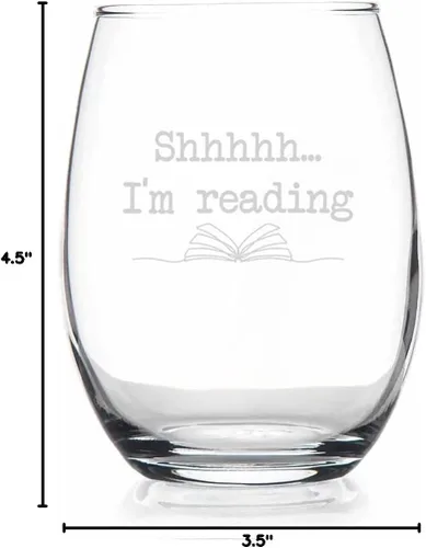 Vista 3 de HTDesigns Copa de vino sin tallo Shhh Im Reading - Regalo de gusano de libro - Copa de vino para lector - Regalo para amantes de los libros