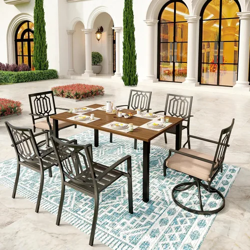 Vista 10 de SUNSHINE VALLEY Juego de 7 sillas de comedor para patio, material metálico, 6 sillas de comedor de color teca rectangular con agujero para sombrilla