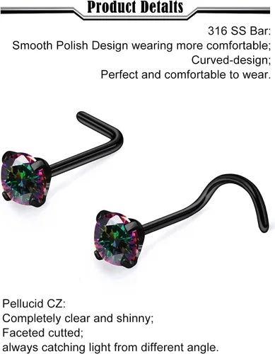Vista 7 de Aretes de nariz de acero quirúrgico 316L, de 18 G, 0.71 oz, aretes de nariz hipoalergénicos con corazón de diamante, joyería para mujeres y hombres