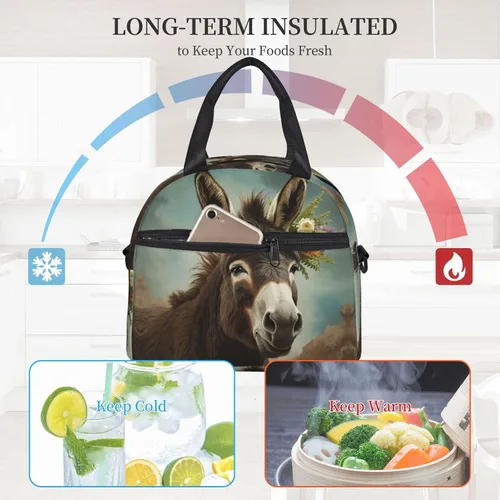 Vista 5 de Bolsa de almuerzo con estampado de animales de burro para mujeres y hombres, reutilizable, aislada, impermeable, bolsa enfriadora para picnic