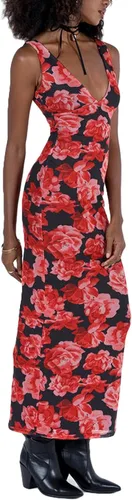 Vista 5 de Vestido largo sexy con estampado floral para mujer, con tirantes delgados, corte bajo, espalda descubierta, midi, vestido bodycon para verano y playa