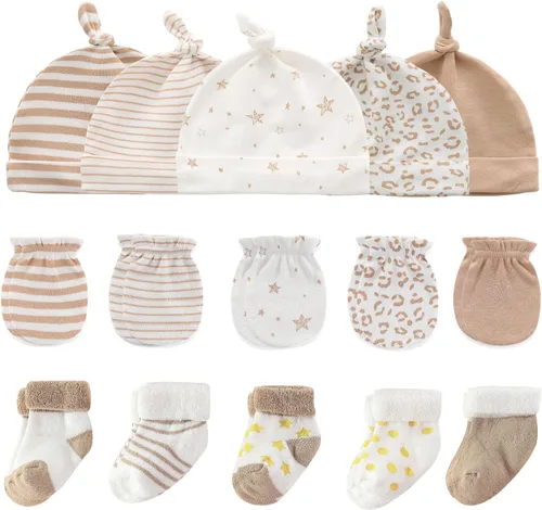 Vista 7 de Ruliby Conjunto de Gorros, Manoplas y Calcetines para Bebé de Algodón, Gorro Beanie Suave para Recién Nacidos, Gorros Guantes para Niñas y Niños 0-6