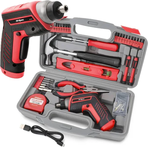 Vista 8 de Hi-Spec Juego de 58 piezas de taladro inalámbrico rojo de 8V USB de energía eléctrica y kit de herramientas de bricolaje para el hogar. Accesorios