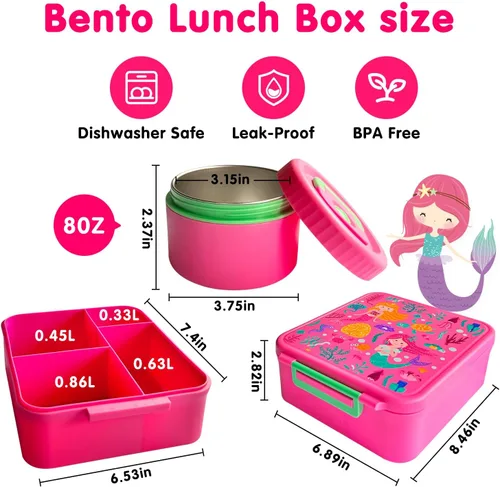 Vista 3 de Kidz Bento - Lonchera con termo de sopa, 4 compartimentos, a prueba de fugas, tarro de comida aislado para viajes, picnic