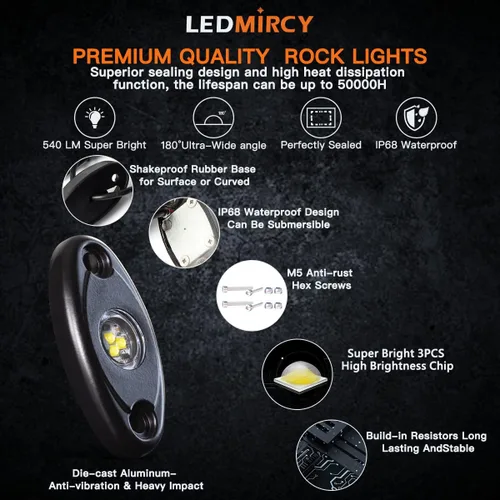 Vista 4 de LEDMIRCY Luces LED de roca, color blanco, 2 piezas para todoterreno, camiones, coches, barcos, ATV, SUV, RZR, impermeables, de alta potencia, luces