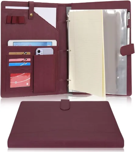 Vista 9 de Portafolio WONDERPOOL A4 de piel sintética con anillo, estuche para documentos con portafolio extraíble, multibolsillo y bloc legal para organizador
