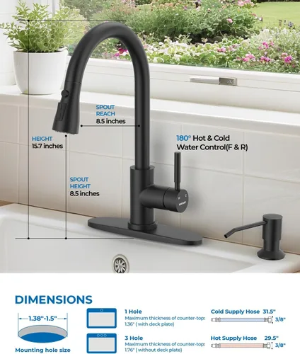 Vista 2 de WEWE Grifo de cocina con dispensador de jabón y rociador extraíble, grifo clásico de acero inoxidable de 3 modos para autocaravana, negro mate
