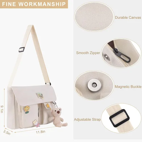 Vista 3 de Bolso cruzado de lona con pines Kawaii y colgante para mujeres y niñas, bolso bandolera casual para estudiantes