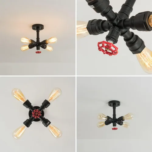 Vista 3 de NESKX Lámpara de techo retro industrial cerca de la lámpara de techo, tubo de agua Steampunk semiempotrado, lámpara de 4 luces para cocina, granja