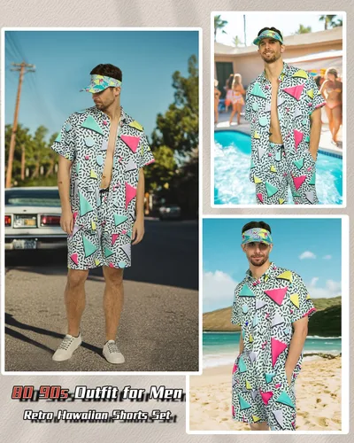 Vista 3 de kasahara Traje de los años 80 y 90 para hombre, camisa hawaiana retro y conjunto corto para hombre, ropa de los años 80, disfraz de los años 90
