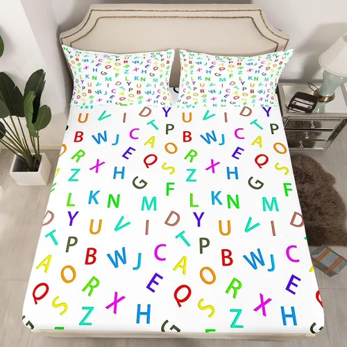 Vista 5 de Feelyou Juego de ropa de cama con alfabeto 3D, juego de sábanas coloridas del alfabeto inglés para niños y adultos, sábanas de dibujos animados
