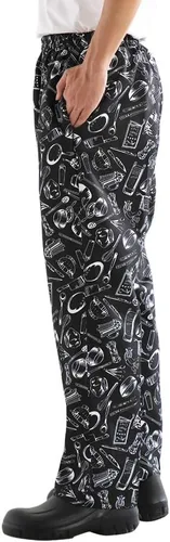 Vista 4 de Pantalones de chef estampados holgados para hombre y mujer, uniformes de cocina con cintura elástica, pantalones de trabajo florales para restaurante