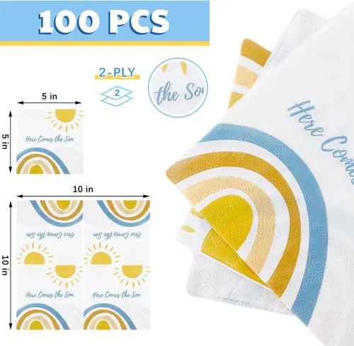 Vista 2 de Fulmoon 100 servilletas de decoración de baby shower con texto en inglés «Here Comes the Son» (Here Comes the Son), servilletas desechables