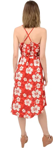 Vista 5 de CowCow Vestido de verano con cuello en V para mujer, diseño de hibisco hawaiano, flores tropicales, floral, vestido de gasa con cuello halter, Verde
