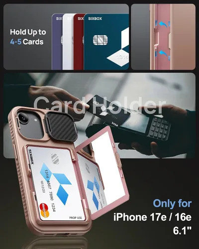 Vista 3 de Funda para iPhone 16e con Tarjetero y Cubierta de Lente de Cámara con Soporte, Protección contra Caídas de Grado Militar a Prueba de Golpes Oro rosa