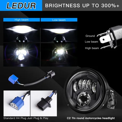 Vista 4 de LEDUR - Faro delantero LED redondo para motocicleta de 7 pulgadas, aprobado por DOT, con haz alto y bajo, con carcasa y cubeta, para Harley, Yamaha