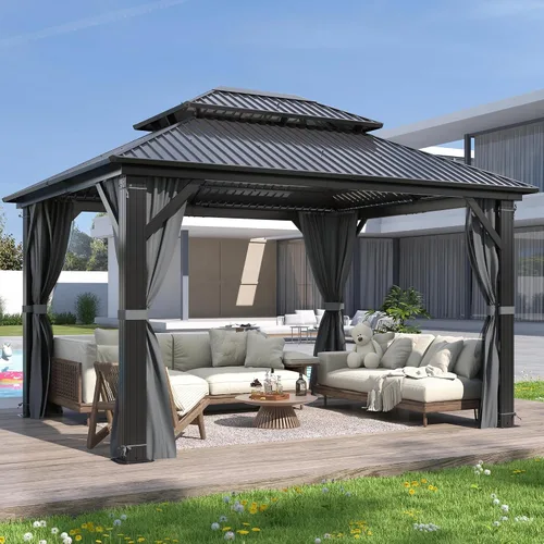 Vista 8 de GARTOO Gazebo de techo rígido para exteriores de 8 x 8 pies con techo doble Negro