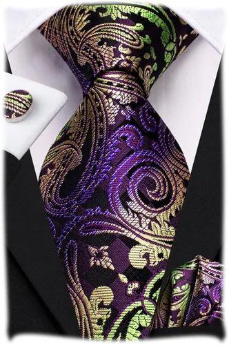 Vista 35 de Hi-Tie Conjunto de corbatas de seda con estampado paisley para hombre, pañuelo de bolsillo y gemelos, conjuntos de corbata formal para negocios a