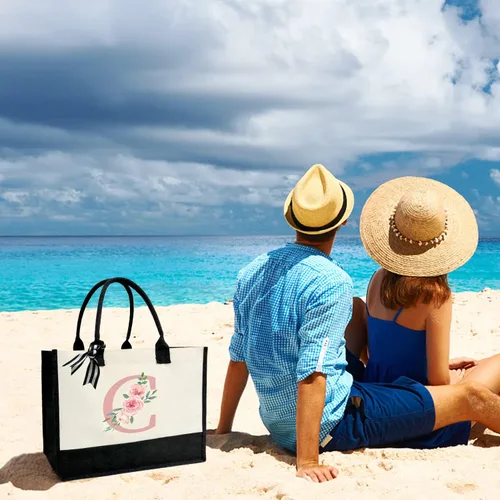 Vista 7 de DEEZOMO Initial Canvas Tote Bag for Women, Beach Bag with Inner Zipper Pocket Personalized Gifts for Wedding, Birthday