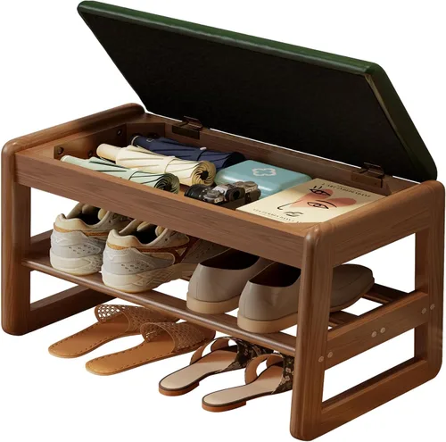 Vista 14 de AQIMUELE Banco pequeño para zapatos, banco de zapatos de 2 niveles con almacenamiento con tapa abatible, zapatero de madera para entrada, pasillo