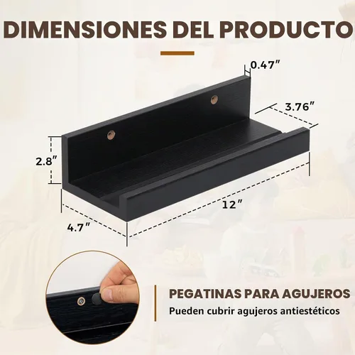 Vista 3 de Muzilife Estantes flotantes pequeños de madera de 12 pulgadas con labio, 2 Negro