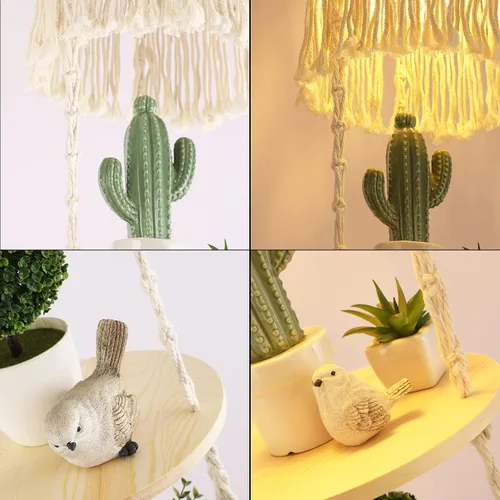 Vista 4 de QIYIZM Lámpara colgante bohemia enchufable con cable de enchufe, lámpara colgante regulable de macramé y estante de soporte para plantas, decoración