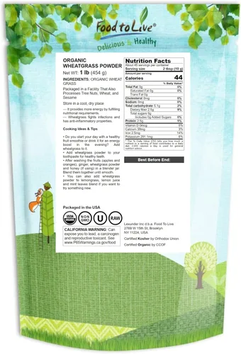 Vista 2 de Food to Live Polvo de pasto de trigo orgánico, 1 libra, sin OMG, hoja entera, crudo, no irradiado, puro, vegano, a granel, ideal para jugo, rico
