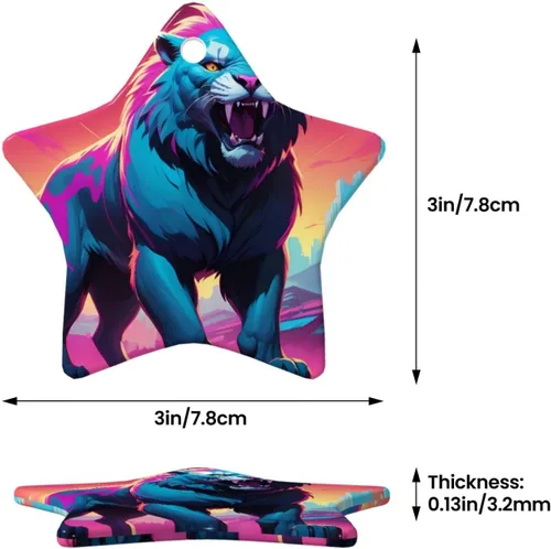 Vista 3 de Synthwave Sabertooth Printed Star Shape Ceramic Pendant, Perfect for Decorating Your Home Christmas Tree for Winter Parties