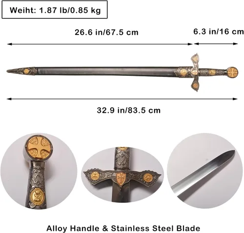 Vista 2 de Stainless Steel Medieval Star of David King Solomon Cross Crusader Knight Templar Sword for Collection, Cosplay, Display