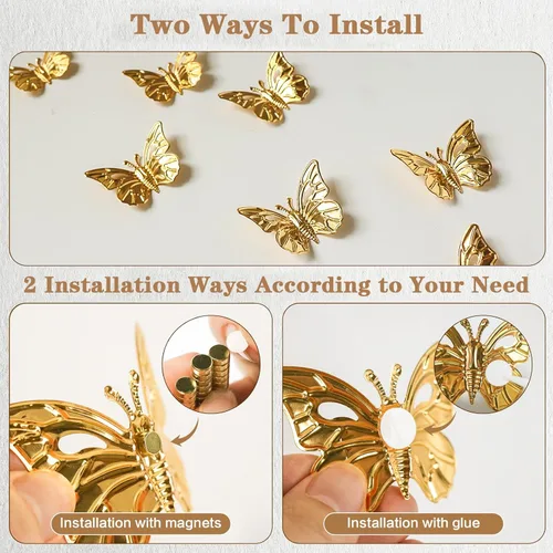 Vista 6 de 18 piezas de decoración de mariposa dorada, calcomanías de pared de mariposa 3D extraíbles, calcomanías de imanes para refrigerador, decoración