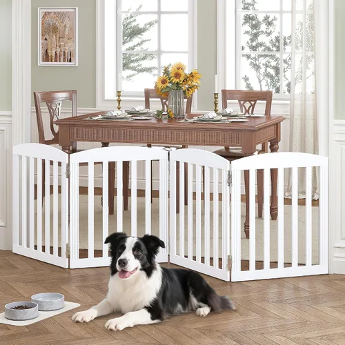 Vista 2 de SPIRICH Puerta plegable independiente de madera para perros de 96 pulgadas de ancho y 28 pulgadas de alto, puerta para mascotas, 4 paneles