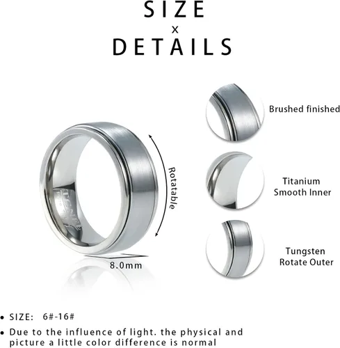 Vista 5 de Anillo giratorio de titanio de tungsteno de 0.2360.315 pulgadas para hombre, tamaño medio, sin níquel, anillo de ansiedad para hombres y mujeres