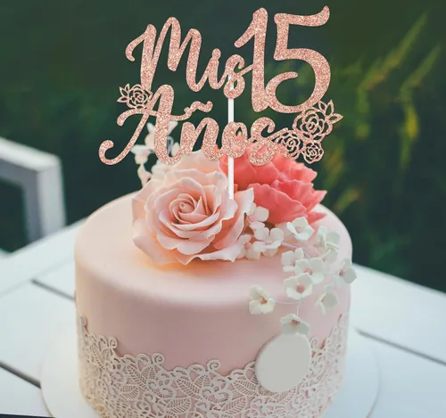 Vista 3 de Decoración para tartas Mis 15 años con purpurina de oro rosa, feliz 15 años, feliz 15 años, decoración de fiesta de cumpleaños con temática