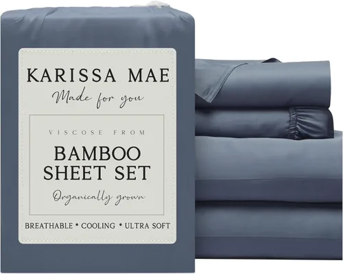 Vista 19 de KARISSA MAE Juego de sábanas de viscosa de bambú de lujo, 100% certificado FSC, refrescante, lujosamente suave, bolsillos profundos de 18 pulgadas