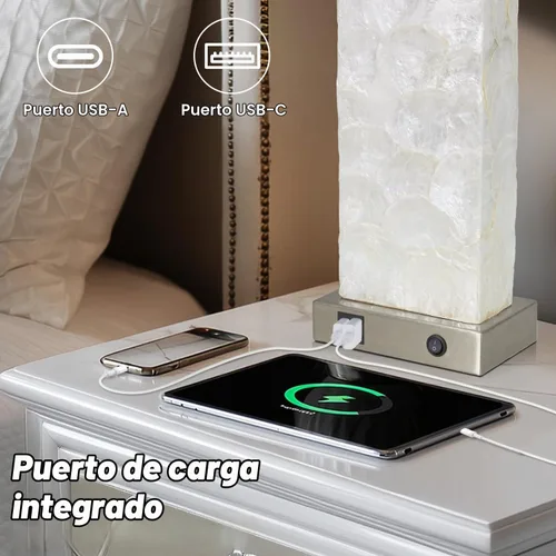 Vista 4 de Lámparas de mesa costeras de 28 pulgadas para sala de estar, lámparas de noche con luz nocturna, puertos USB A+C, moderna concha de mar