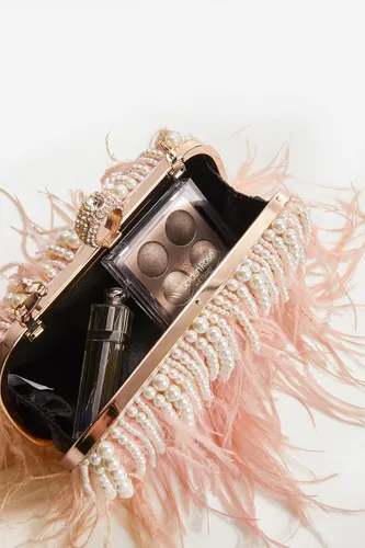 Vista 3 de BABEYOND Bolso de mano de plumas de avestruz para mujer, bolso de noche con perlas, bolso de hombro para fiesta de los años 20, baile de graduación