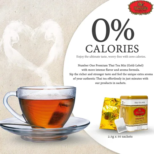 Vista 5 de Number One Original ChaTraMue Thai Tea Mix para té Boba, caliente y helado (50 bolsas de té con etiqueta dorada)