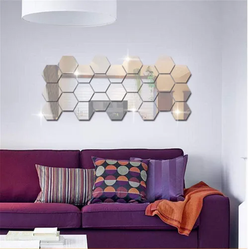 Vista 5 de Adhesivos de pared con espejo, calcomanías de pared de espejo hexagonal acrílico plateado 3D, decoración de bricolaje, azulejos de espejo