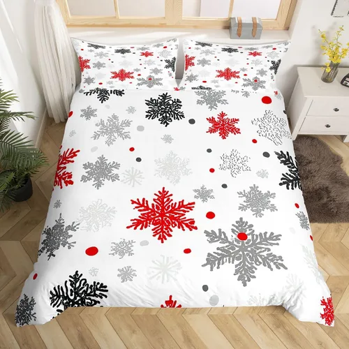Vista 28 de Juego de ropa de cama de Feliz Navidad, funda de edredón azul con árbol de Navidad para niñas y niños, elegante funda de edredón de copo de nieve