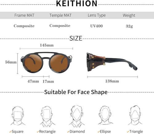 Vista 3 de KEITHION Gafas de sol redondas vintage estilo steampunk para hombres y mujeres con lentes laterales de cuero