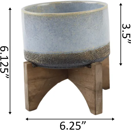 Vista 2 de Flora Bunda Mid Century - Soporte de cerámica de lava sobre madera, 5.1 pulgadas, color azul