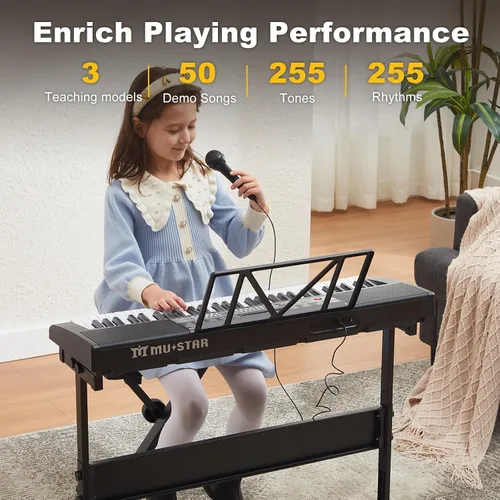 Vista 4 de Teclado de piano de 61 teclas, piano eléctrico con teclas iluminadas, 255 tonos/ritmos, sistema de aprendizaje inteligente, auriculares, micrófono