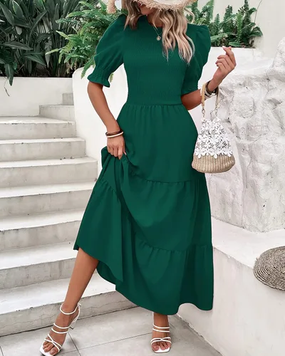 Vista 160 de BTFBM Vestidos para mujer, cuello redondo, casual, de verano, con volantes, manga corta, bohemio, con niveles, fruncido, largo, con estampado floral